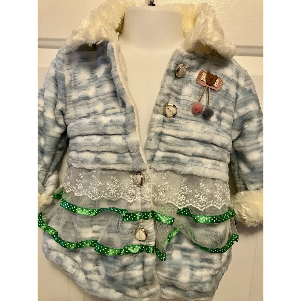 Toddler Girls Blue‎ White Faux Fur Coat 12-18 Months Lace Ruffled Lace CUTE!!